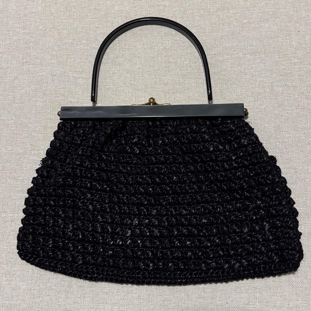 Amazing Condition Vintage Hand Bag-Black Cello Weave Exterior-Lucite Trim/Handle